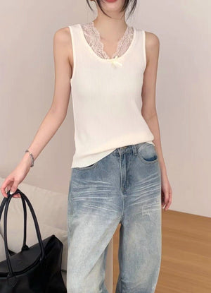 Korean gentle wind lace edge knitted vest women's summer new temperament tight and thin versatile outer bottoming top - Negative Apparel