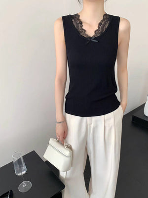Korean gentle wind lace edge knitted vest women's summer new temperament tight and thin versatile outer bottoming top - Negative Apparel
