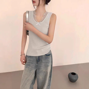 Korean gentle wind lace edge knitted vest women's summer new temperament tight and thin versatile outer bottoming top - Negative Apparel