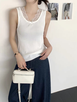 Korean gentle wind lace edge knitted vest women's summer new temperament tight and thin versatile outer bottoming top - Negative Apparel