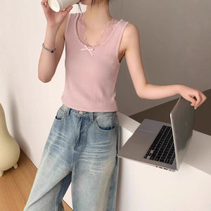 Korean gentle wind lace edge knitted vest women's summer new temperament tight and thin versatile outer bottoming top - Negative Apparel