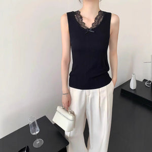 Korean gentle wind lace edge knitted vest women's summer new temperament tight and thin versatile outer bottoming top - Negative Apparel