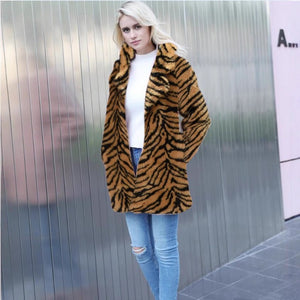Korean imitation fur medium and long suit, sxy snow - white tiger pattern imitation fur jacket, black and white selection - Negative Apparel