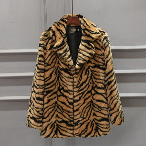 Korean imitation fur medium and long suit, sxy snow - white tiger pattern imitation fur jacket, black and white selection - Negative Apparel