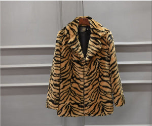Korean imitation fur medium and long suit, sxy snow - white tiger pattern imitation fur jacket, black and white selection - Negative Apparel