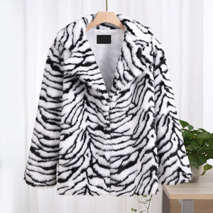 Korean imitation fur medium and long suit, sxy snow - white tiger pattern imitation fur jacket, black and white selection - Negative Apparel