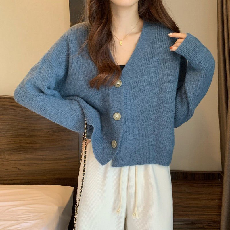 Korean lazy wind sweater knitted sweater 2024 autumn and winter new solid color top women's soft waxy cardigan jacket - Negative Apparel