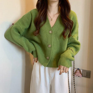 Korean lazy wind sweater knitted sweater 2024 autumn and winter new solid color top women's soft waxy cardigan jacket - Negative Apparel