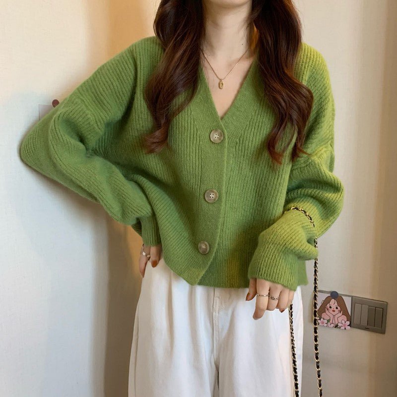 Korean lazy wind sweater knitted sweater 2024 autumn and winter new solid color top women's soft waxy cardigan jacket - Negative Apparel