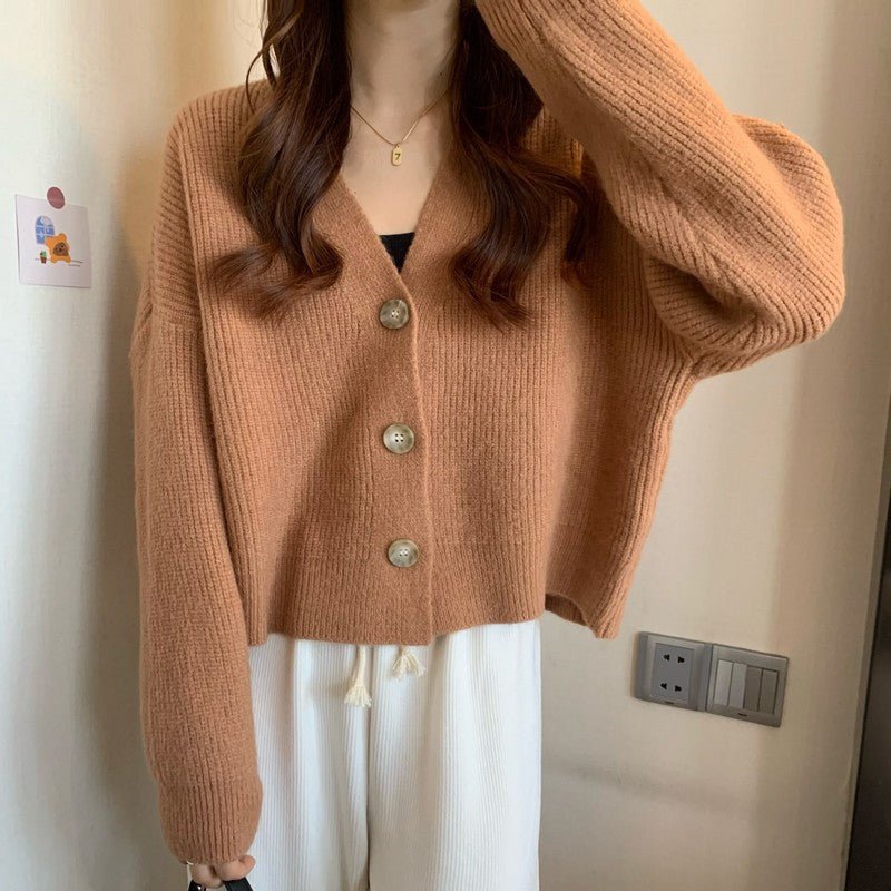 Korean lazy wind sweater knitted sweater 2024 autumn and winter new solid color top women's soft waxy cardigan jacket - Negative Apparel