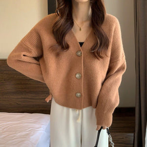 Korean lazy wind sweater knitted sweater 2024 autumn and winter new solid color top women's soft waxy cardigan jacket - Negative Apparel