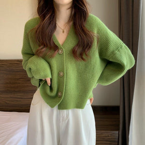 Korean lazy wind sweater knitted sweater 2024 autumn and winter new solid color top women's soft waxy cardigan jacket - Negative Apparel