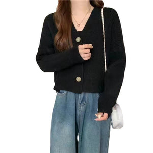 Korean lazy wind sweater knitted sweater 2024 autumn and winter new solid color top women's soft waxy cardigan jacket - Negative Apparel