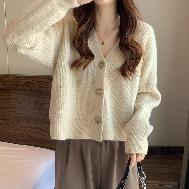 Korean lazy wind sweater knitted sweater 2024 autumn and winter new solid color top women's soft waxy cardigan jacket - Negative Apparel