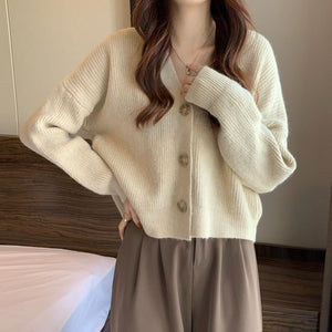 Korean lazy wind sweater knitted sweater 2024 autumn and winter new solid color top women's soft waxy cardigan jacket - Negative Apparel