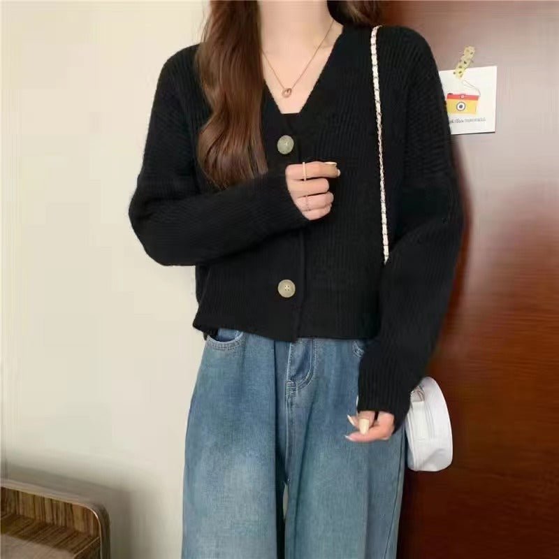 Korean lazy wind sweater knitted sweater 2024 autumn and winter new solid color top women's soft waxy cardigan jacket - Negative Apparel