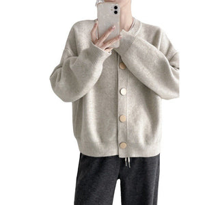 Korean Style Loose Knit Cardigan – Crew Neck Multi - Buckle Button Sweater for Women - Negative Apparel