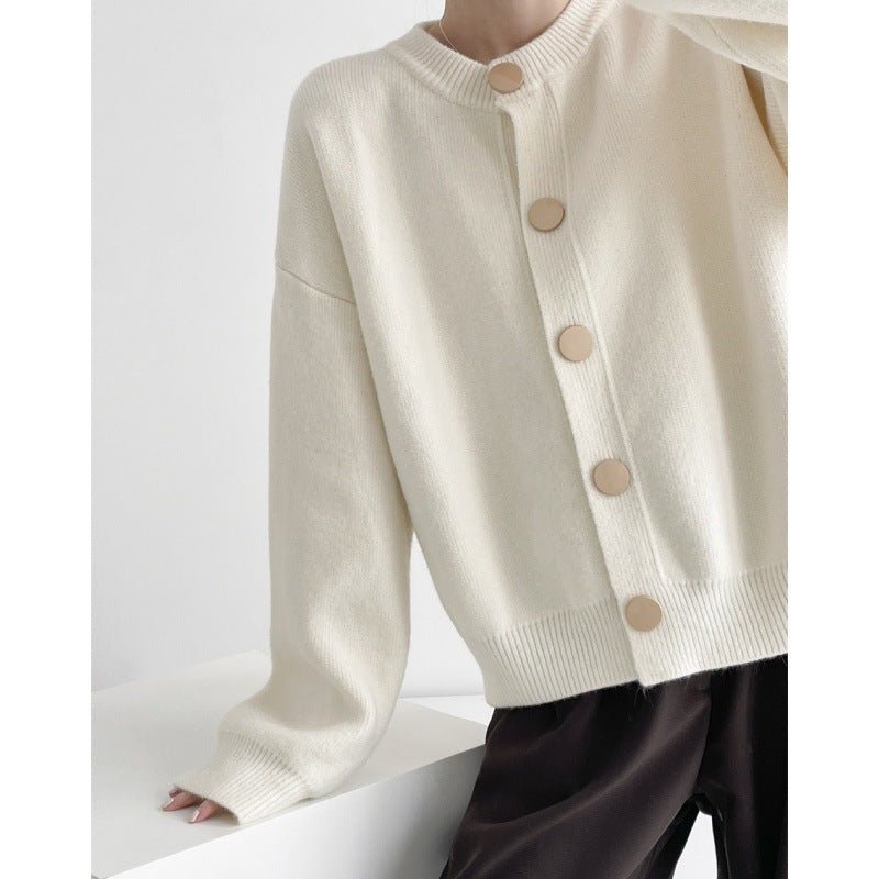 Korean Style Loose Knit Cardigan – Crew Neck Multi - Buckle Button Sweater for Women - Negative Apparel