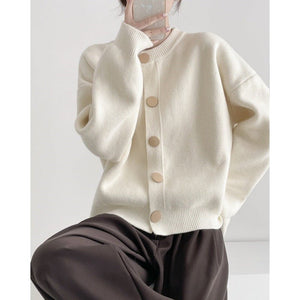 Korean Style Loose Knit Cardigan – Crew Neck Multi - Buckle Button Sweater for Women - Negative Apparel