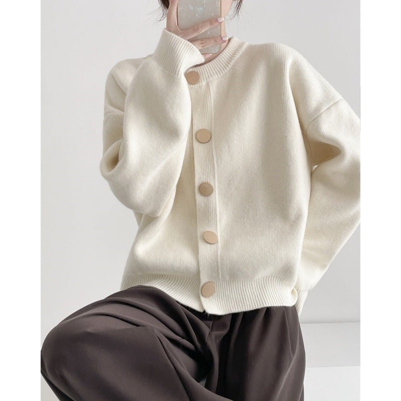 Korean Style Loose Knit Cardigan – Crew Neck Multi - Buckle Button Sweater for Women - Negative Apparel