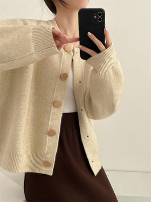 Korean Style Loose Knit Cardigan – Crew Neck Multi - Buckle Button Sweater for Women - Negative Apparel