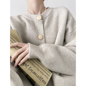 Korean Style Loose Knit Cardigan – Crew Neck Multi - Buckle Button Sweater for Women - Negative Apparel