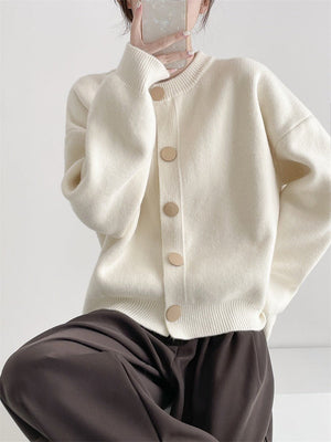 Korean Style Loose Knit Cardigan – Crew Neck Multi - Buckle Button Sweater for Women - Negative Apparel