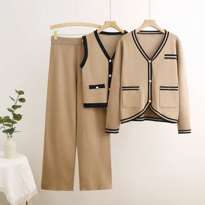 Korean version of fashion suit long - sleeved knitted sweater cardigan vest straight pants three - piece set - Negative Apparel