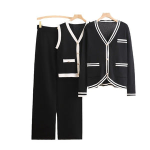 Korean version of fashion suit long - sleeved knitted sweater cardigan vest straight pants three - piece set - Negative Apparel