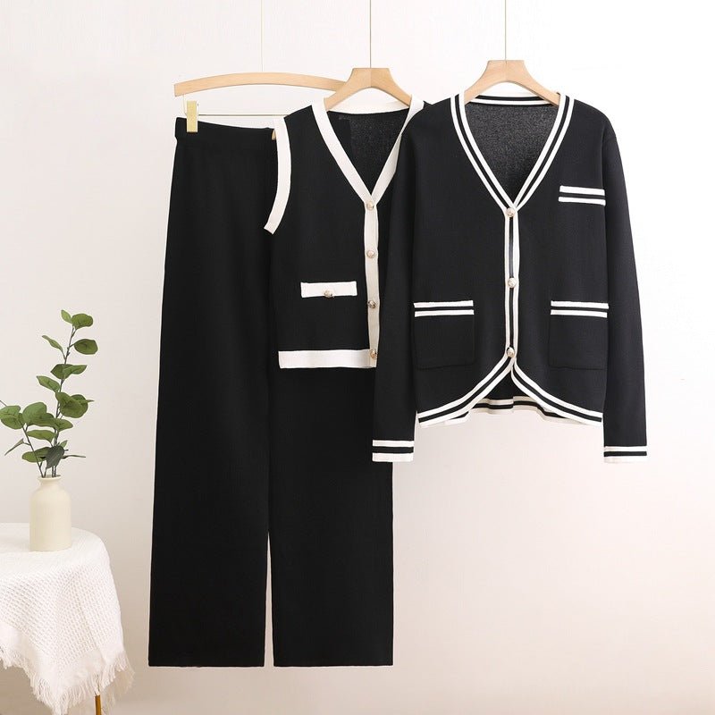 Korean version of fashion suit long - sleeved knitted sweater cardigan vest straight pants three - piece set - Negative Apparel