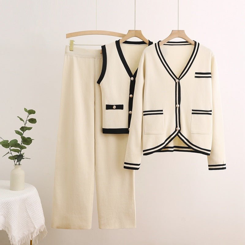 Korean version of fashion suit long - sleeved knitted sweater cardigan vest straight pants three - piece set - Negative Apparel