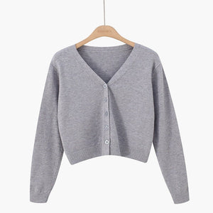Korean version of loose autumn short high - waisted long - sleeved outer top, furry women's jacket v - neck knitted sweater cardigan wholesale - Negative Apparel