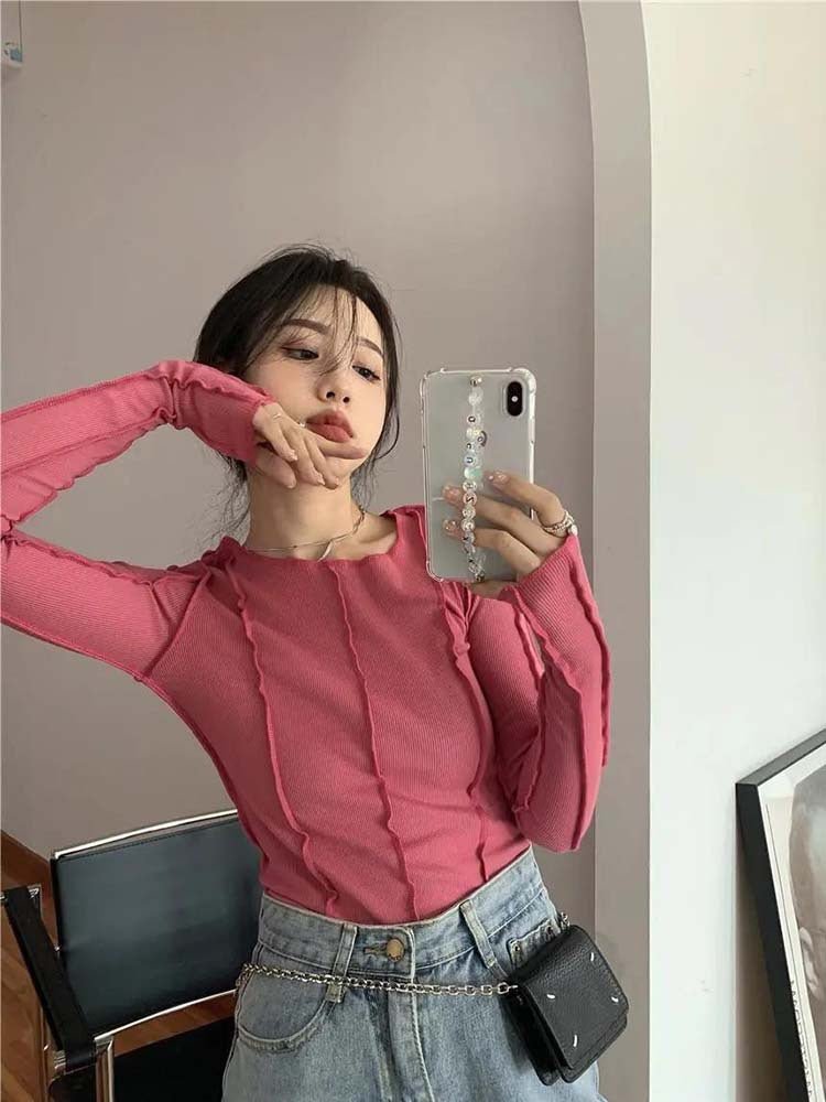 Korean version of the niche design solid color bottom T-shirt versatile slim long sleeve top - Negative Apparel