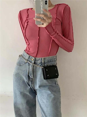 Korean version of the niche design solid color bottom T-shirt versatile slim long sleeve top - Negative Apparel