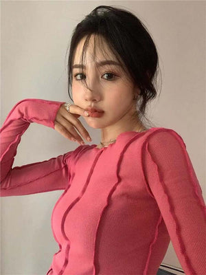 Korean version of the niche design solid color bottom T-shirt versatile slim long sleeve top - Negative Apparel