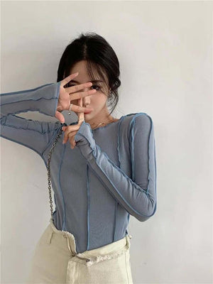 Korean version of the niche design solid color bottom T-shirt versatile slim long sleeve top - Negative Apparel