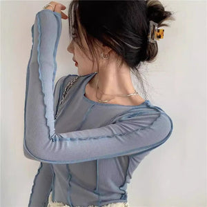 Korean version of the niche design solid color bottom T-shirt versatile slim long sleeve top - Negative Apparel