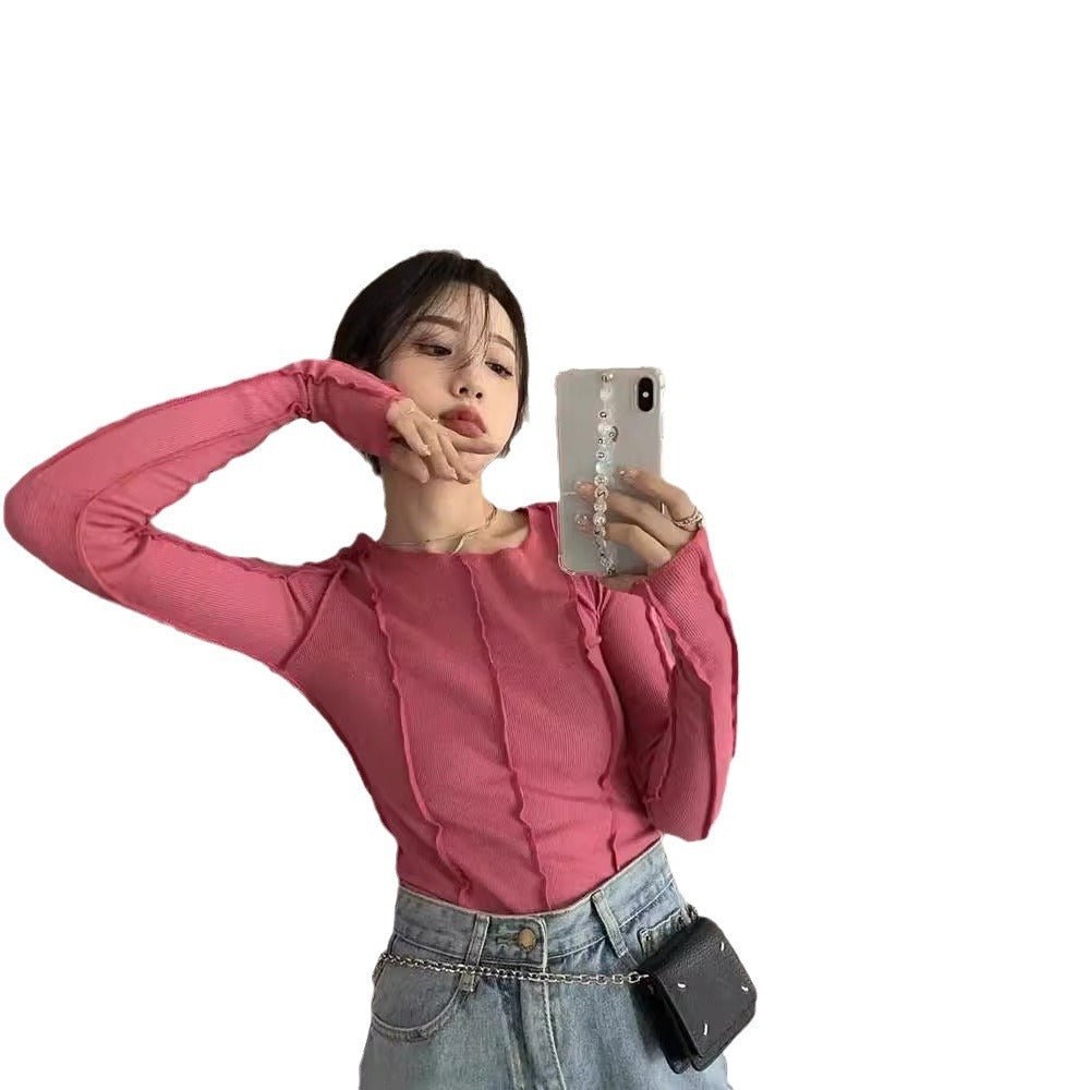 Korean version of the niche design solid color bottom T-shirt versatile slim long sleeve top - Negative Apparel