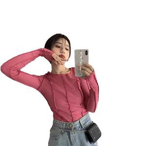 Korean version of the niche design solid color bottom T-shirt versatile slim long sleeve top - Negative Apparel