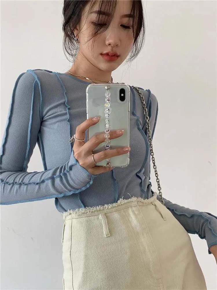 Korean version of the niche design solid color bottom T-shirt versatile slim long sleeve top - Negative Apparel
