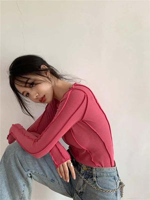 Korean version of the niche design solid color bottom T-shirt versatile slim long sleeve top - Negative Apparel