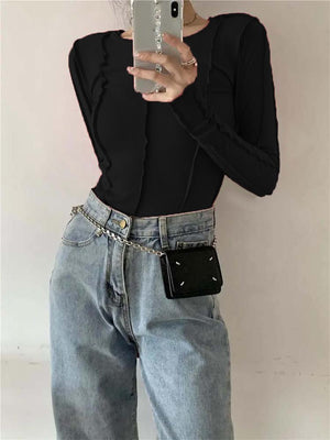 Korean version of the niche design solid color bottom T-shirt versatile slim long sleeve top - Negative Apparel