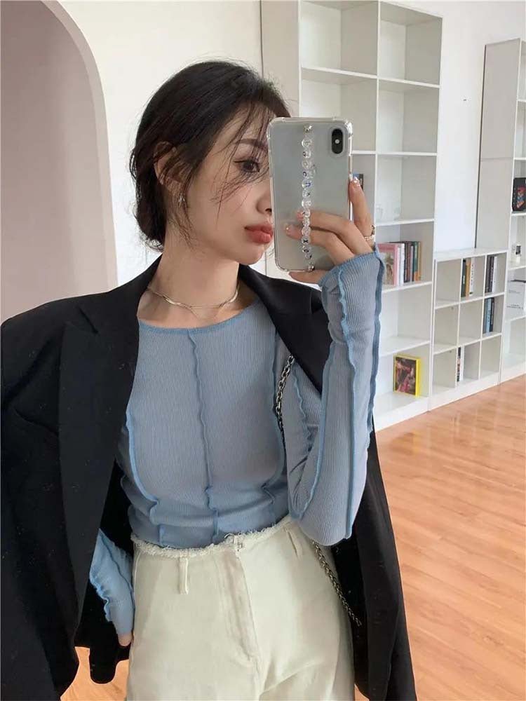 Korean version of the niche design solid color bottom T-shirt versatile slim long sleeve top - Negative Apparel