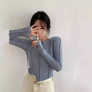 Korean version of the niche design solid color bottom T-shirt versatile slim long sleeve top - Negative Apparel
