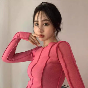 Korean version of the niche design solid color bottom T-shirt versatile slim long sleeve top - Negative Apparel