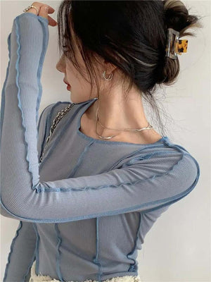 Korean version of the niche design solid color bottom T-shirt versatile slim long sleeve top - Negative Apparel