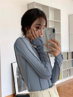 Korean version of the niche design solid color bottom T-shirt versatile slim long sleeve top - Negative Apparel