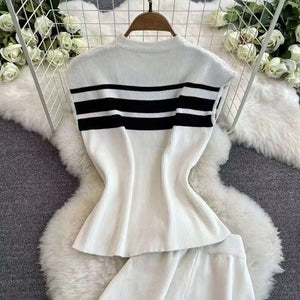 Korean version sleeveless slim - fitting knitted top two - piece set casual high - waisted slim straight wide - leg pants - Negative Apparel