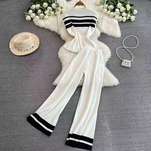 Korean version sleeveless slim - fitting knitted top two - piece set casual high - waisted slim straight wide - leg pants - Negative Apparel