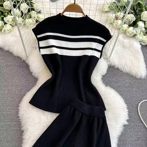Korean version sleeveless slim - fitting knitted top two - piece set casual high - waisted slim straight wide - leg pants - Negative Apparel